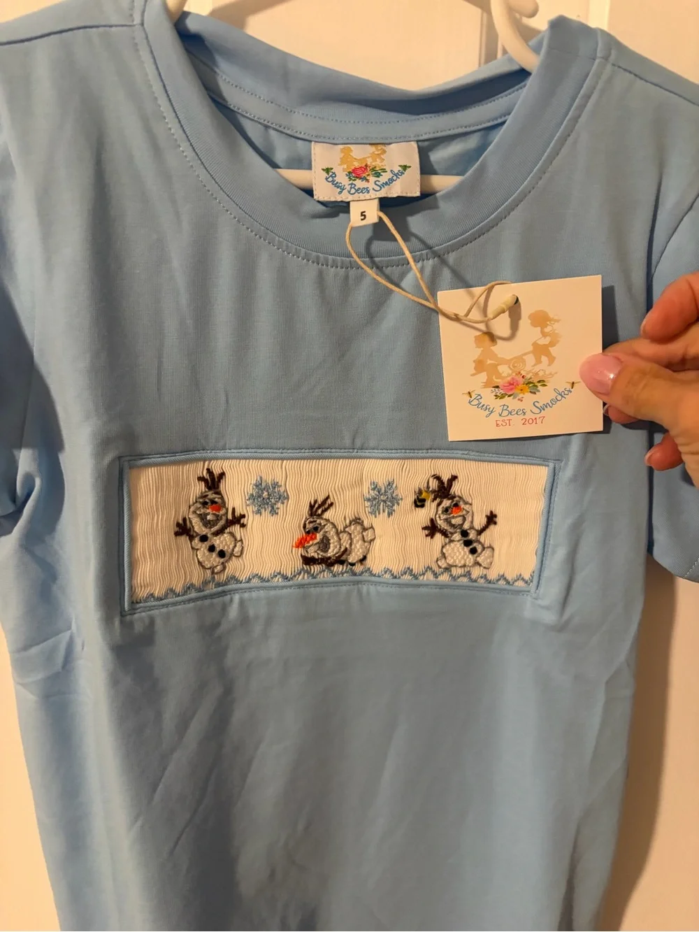 Kids Light Blue Short Sleeve Smocked Tee with Snowman Olaf
